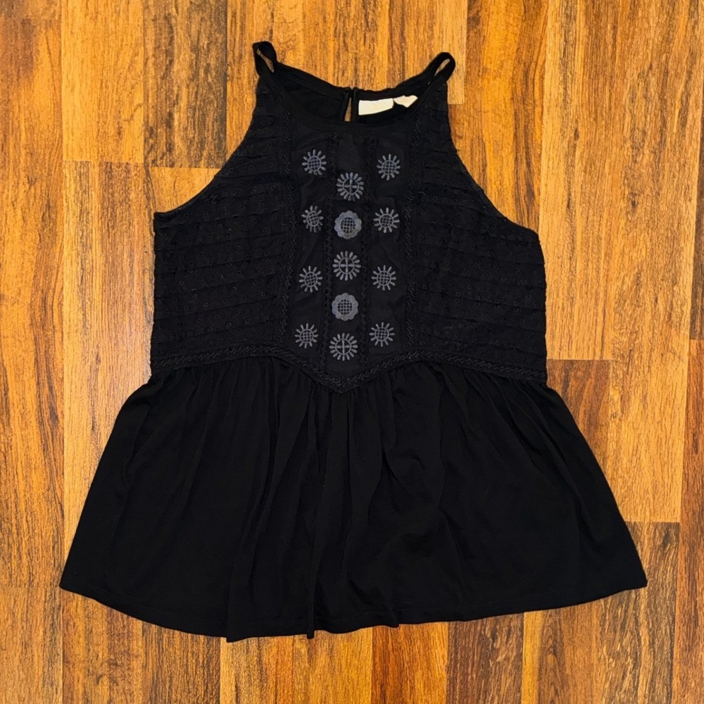 LOGO Lavish Lori Goldstein Black Eyelet Embroidered Halter Peplum Top Size S